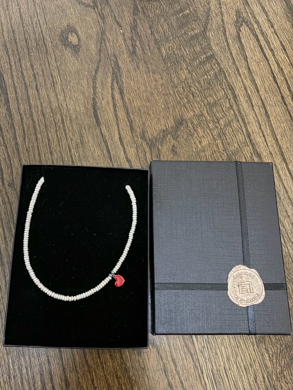 Heart Charm White Beaded Necklace with Red Accent